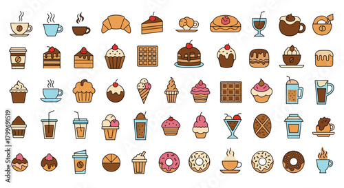 A delightful collection of pixel art treats and beverages including pastries coffee and ice cream.