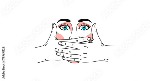A person holding their hands over their mouth with eyes wide open showing distress.