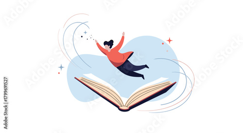 A person joyfully leaping out of an open book symbolizing the power of imagination and knowledge exploration.