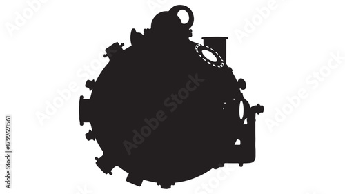 Dramatic silhouette of industrial pressure vessel with intricate piping, perfect for engineering presentations, manufacturing reports, and technical documentation about safety, and industry