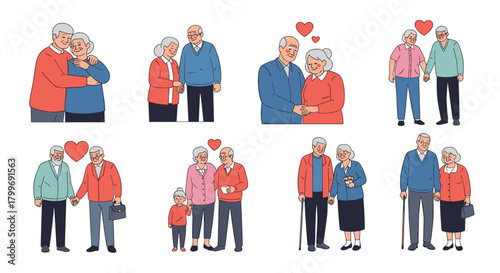 Elderly couples showing affection and love for each other in various poses.