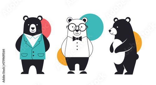 Three stylized cartoon bears dressed in fashionable attire stand against a backdrop of colorful circles.