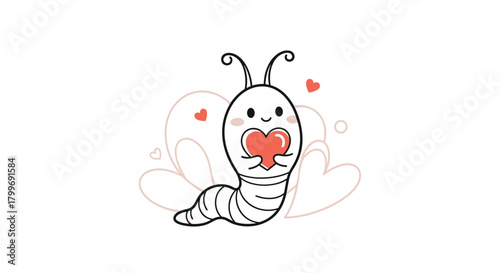 Cute cartoon caterpillar holding a heart with small hearts around its wings.
