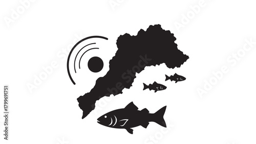 Dynamic illustration of fish swimming near a river and signal, ideal for showcasing environmental monitoring, fishing technology, or conservation awareness campaigns