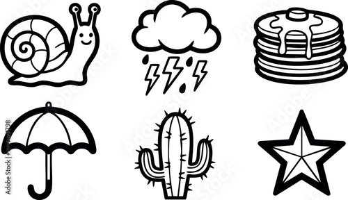 Collection of simple black and white vector icons featuring snail, storm cloud, pancakes, umbrella, cactus, and star symbols for versatile design use