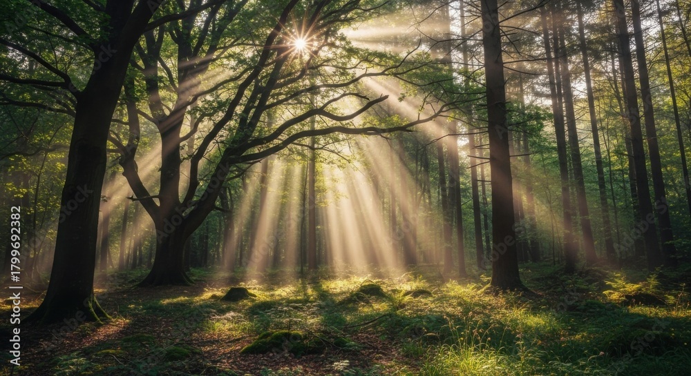 Obraz premium Sunlight piercing through the canopy of a lush green forest illuminating the forest floor creating a magical and serene atmosphere for nature lovers and outdoor enthusiasts