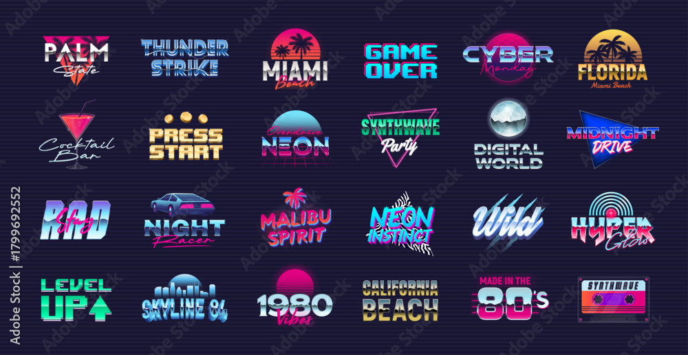 Obraz premium 24 Colorful neon logo designs. Vector set of signs and logos in Futuristic glowing style. Retro 80's logos set. Print for t-shirt, banner, poster, cover. Party invitation, Music album design. 