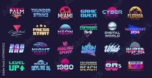 24 Colorful neon logo designs. Vector set of signs and logos in Futuristic glowing style. Retro 80's logos set. Print for t-shirt, banner, poster, cover. Party invitation, Music album design. 