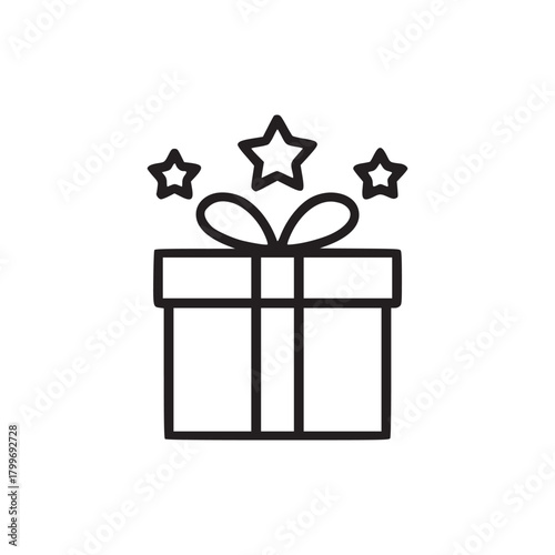 A line drawing of a gift box with a bow and three stars floating above it on a white background