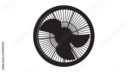 Sleek black silhouette of a modern electric fan with rotating blades, offering a cool breeze and essential home comfort for any season.