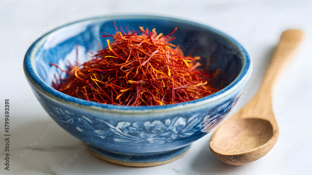 Fototapeta premium Premium saffron threads overflowing antique silver bowl with elegant wooden spoon on marble table
