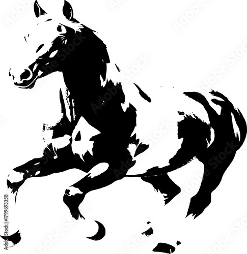 A dynamic black silhouette of a horse  exuding grace and strength against a clean white backdrop