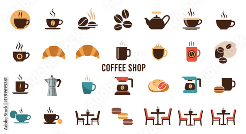 A collection of stylized coffee-related icons cups, beans, pastries, tables, and brewing tools