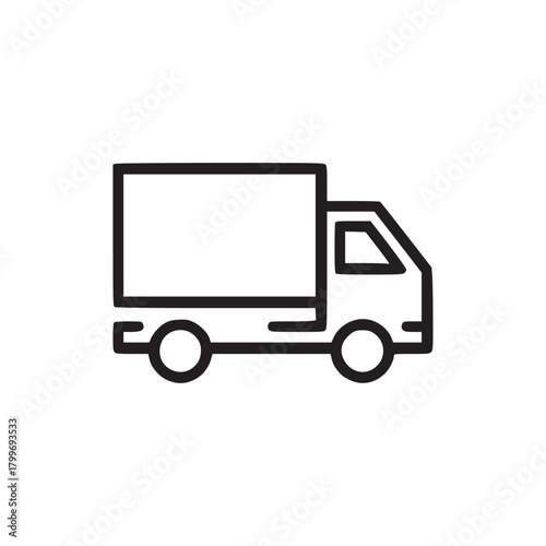 A simple line drawing of a delivery truck with a rectangular cargo area on a white background