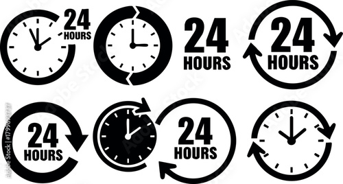 24 hours clock icons set with circular arrows and time symbols for continuous service and round the clock concept vector illustration