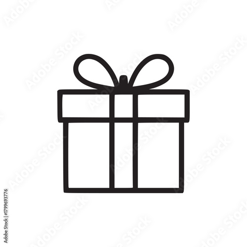 A simple black outline of a gift box with a bow on a white background in a minimalist style design