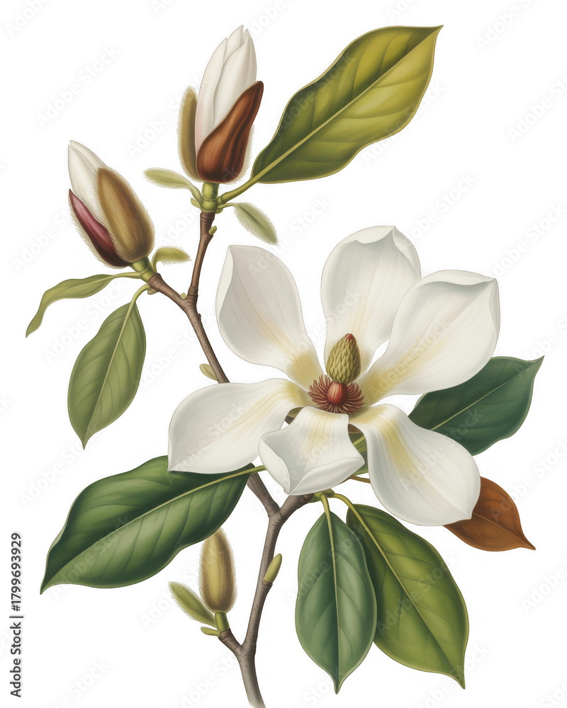 Obraz premium White magnolia bloom with buds and leaves isolated on a transparent background