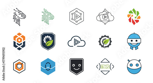 Fifteen distinct vector icons featuring tech, nature, abstract shapes, and characters