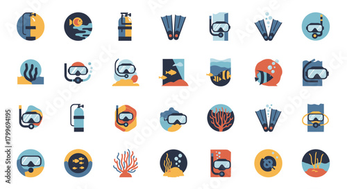 Grid of minimalist flat design icons depicting diving equipment, fish, and coral