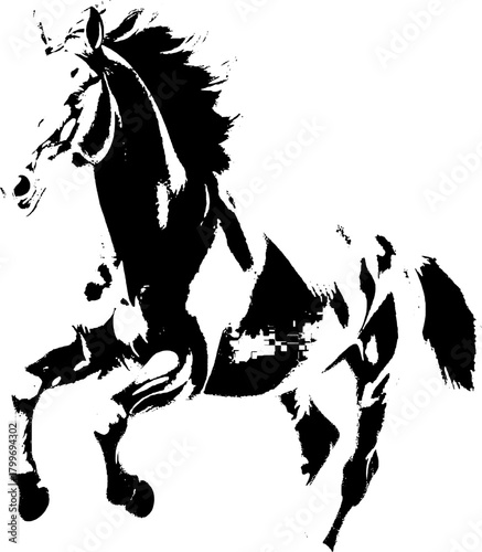 A dynamic black silhouette of a horse  exuding grace and strength against a clean white backdrop