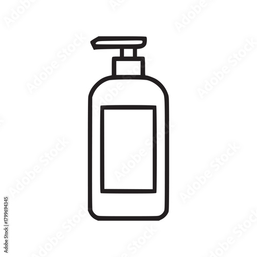 A simple line drawing of a bottle with a pump dispenser on a white background in a minimalist style