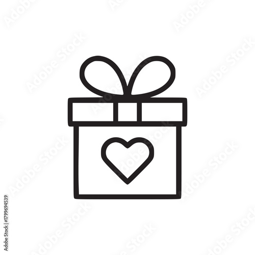 Simple line drawing of a gift box with a heart and bow isolated on a white background design element