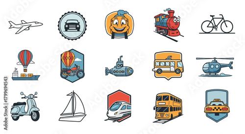 Set of diverse cartoon transportation icons for air, land, and water travel