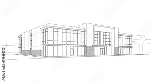 Minimalist architectural sketch of a modern commercial building with rectangular massing, clean corner geometry, and contemporary exterior simplicity.
