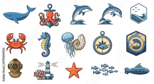 A collection of pixel art marine life icons, nautical elements, and sea-themed objects