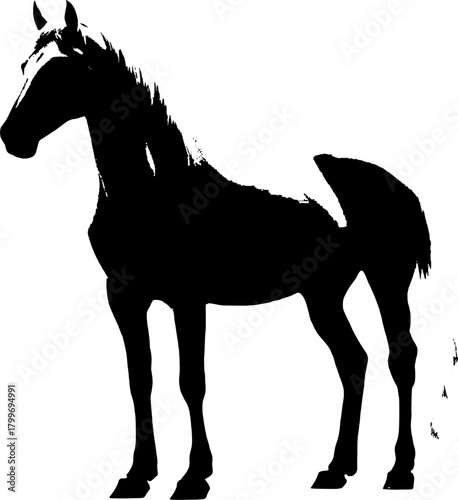 A dynamic black silhouette of a horse  exuding grace and strength against a clean white backdrop