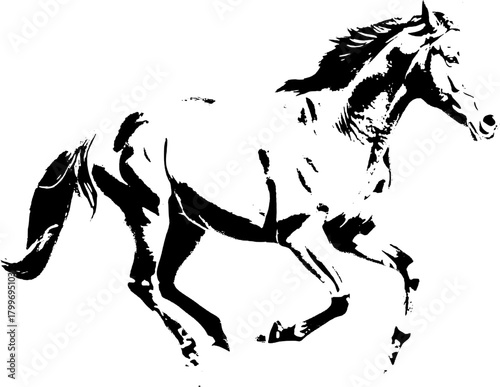 A dynamic black silhouette of a horse  exuding grace and strength against a clean white backdrop