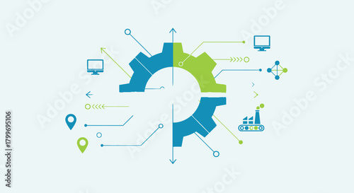 Conceptual illustration of industrial automation and technology integration with a central gear connecting computers, logistics, and manufacturing.