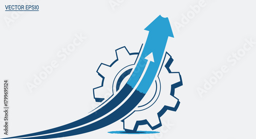 An upward arrow representing growth and progress, intertwined with a gear, symbolizing industry and development.