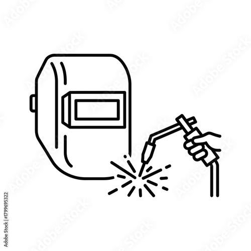“Welding Worker Icon – Welder Helmet Line Art with Torch and Sparks Illustration”