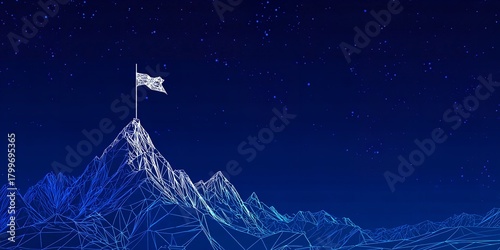 Digital wireframe mountain range with flag on peak against a starry night sky representing success achievement and overcoming challenges