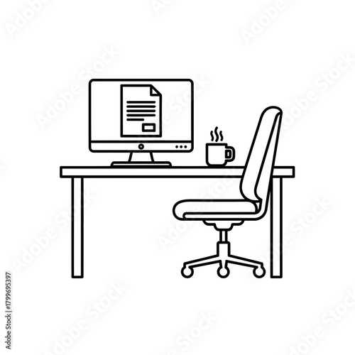 Home Office Workspace Icon with Computer Desk Chair and Coffee Cup