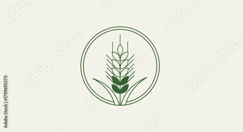 A minimalist green outline logo featuring a wheat stalk with grains and leaves enclosed within a circular frame on a light background.