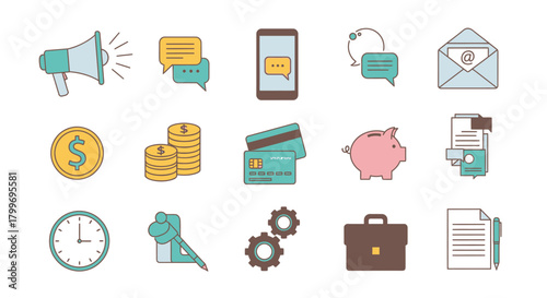 Collection of various business and finance related icons, including communication, money, and tools.