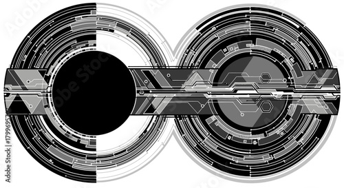 Abstract digital illustration of an infinity symbol with intricate circuit board patterns and a black circle in the center.