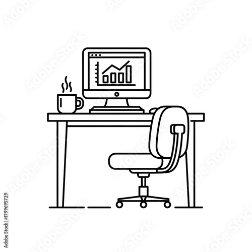 Home Office Workspace Icon with Computer Desk Chair and Coffee Cup