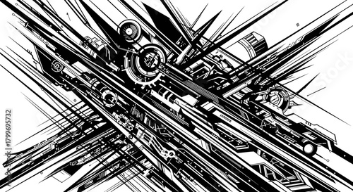 Abstract black and white illustration of complex mechanical components and geometric shapes.