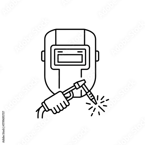 “Welding Worker Icon – Welder Helmet Line Art with Torch and Sparks Illustration”