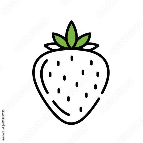 Strawberry Fruit Icon with Seeds and Green Leaves in Minimal Line Style