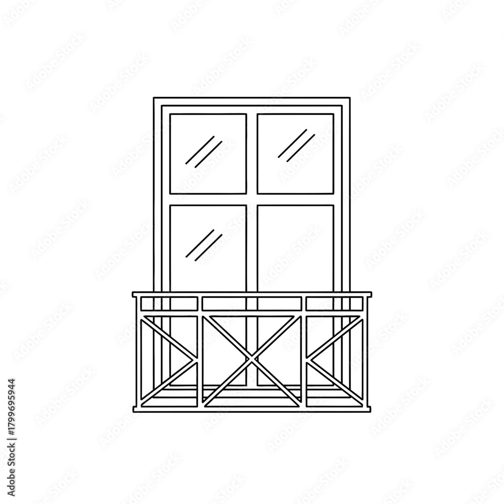 Obraz premium Balcony Window Icon with Railing in Minimal Line Art