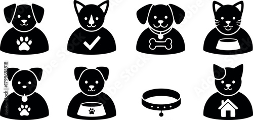 Pet icons with dogs and cats in simple black silhouette style for digital design and user interface elements