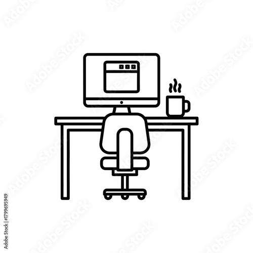 Home Office Workspace Icon with Computer Desk Chair and Coffee Cup
