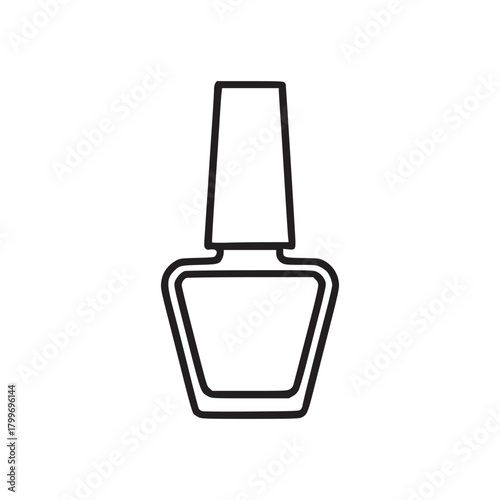 A simple black outline of a nail polish bottle with a rectangular cap on a white background design art
