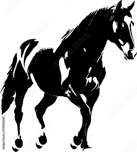 A dynamic black silhouette of a horse  exuding grace and strength against a clean white backdrop