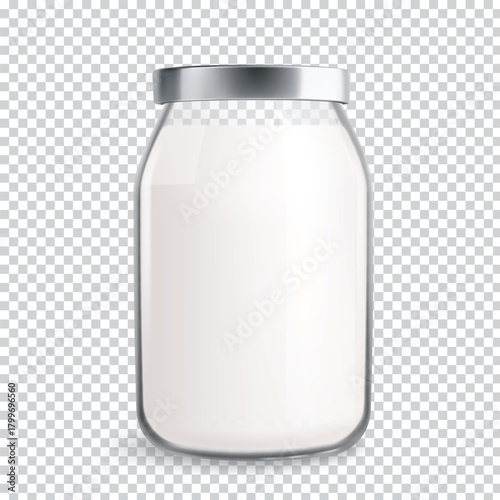 Realistic illustration of a clear glass jar containing creamy white yogurt sealed with a shiny silver metal lid presented on a transparent background for versatile design use