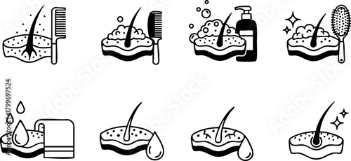 Hair care and scalp cleansing icons with shampoo soap and brush for healthy hair maintenance vector